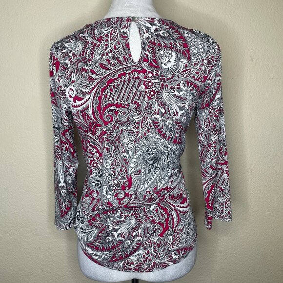Liz Claiborne Career Burgundy Paisley Pleated 3/4 Sleeve Blouse Top Shirt Small - Picture 4 of 11
